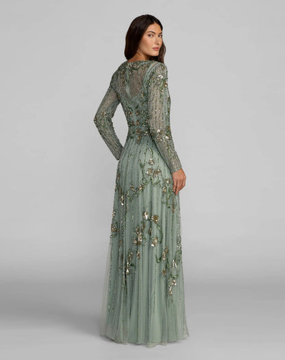 Mac Duggal Green Beaded Long Sleeve A Line Gown