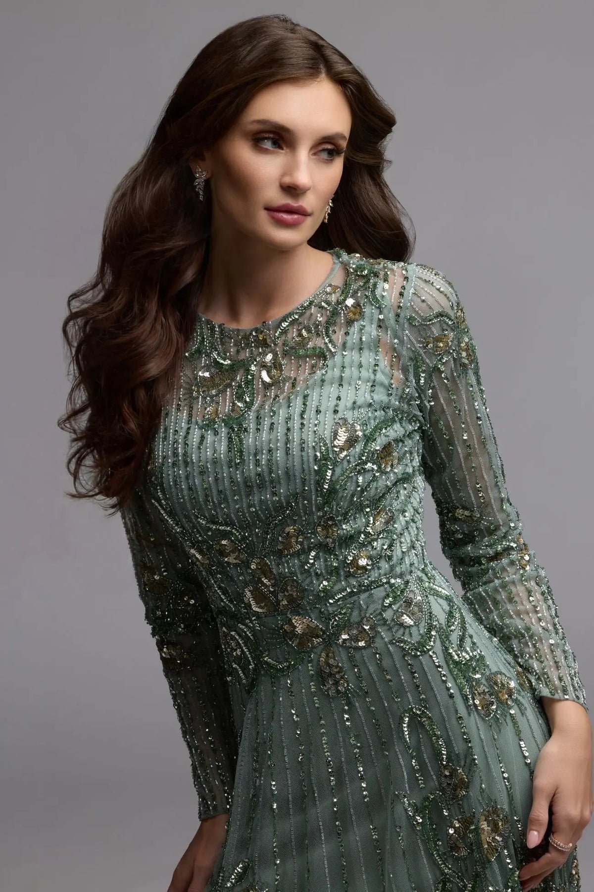 Mac Duggal Green Beaded Long Sleeve A Line Gown