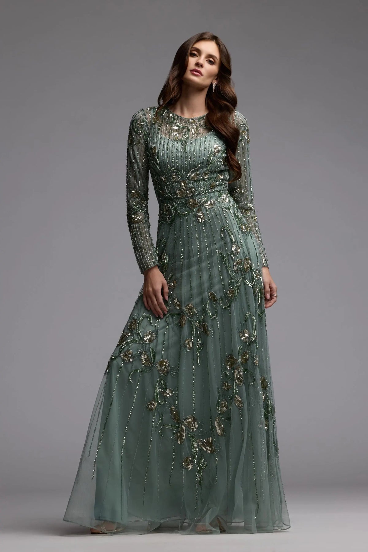Mac Duggal Green Beaded Long Sleeve A Line Gown