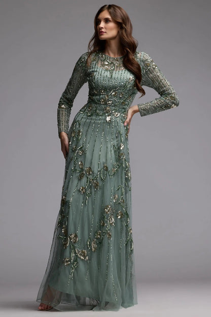 Mac Duggal Green Beaded Long Sleeve A Line Gown
