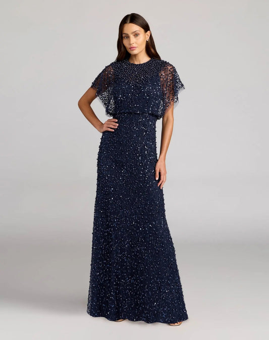 Mac Duggal Navy High Neck Short Sleeve Embellished Gown