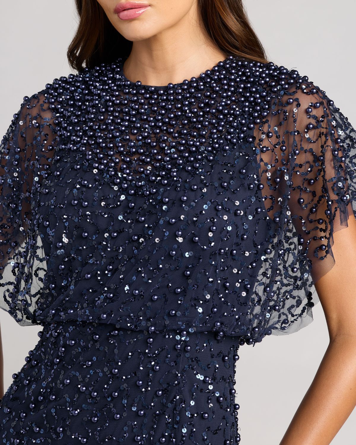 Mac Duggal Navy High Neck Short Sleeve Embellished Gown