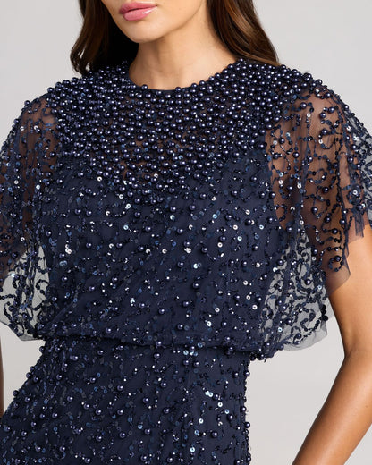 Mac Duggal Navy High Neck Short Sleeve Embellished Gown