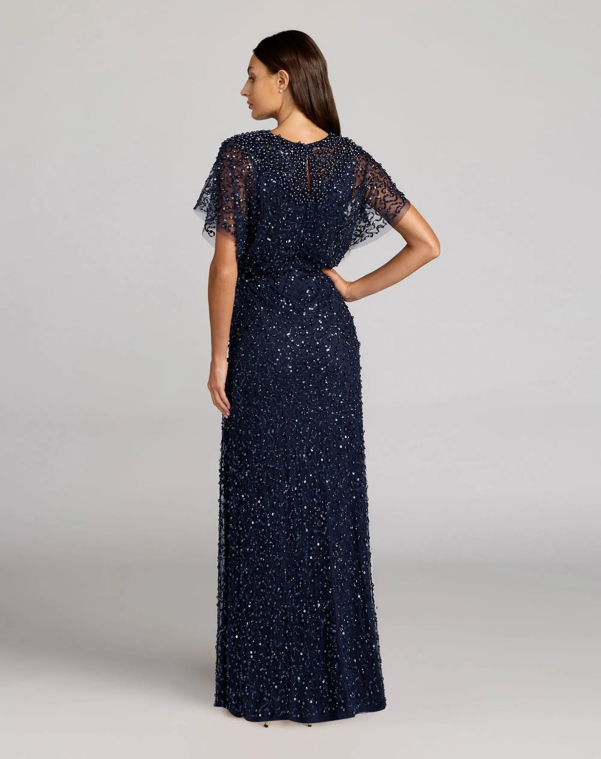 Mac Duggal Navy High Neck Short Sleeve Embellished Gown