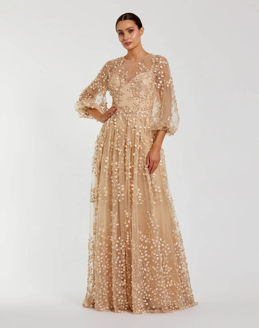 Mac Duggal Beige Embroidered Puff Sleeve A-Line Gown
