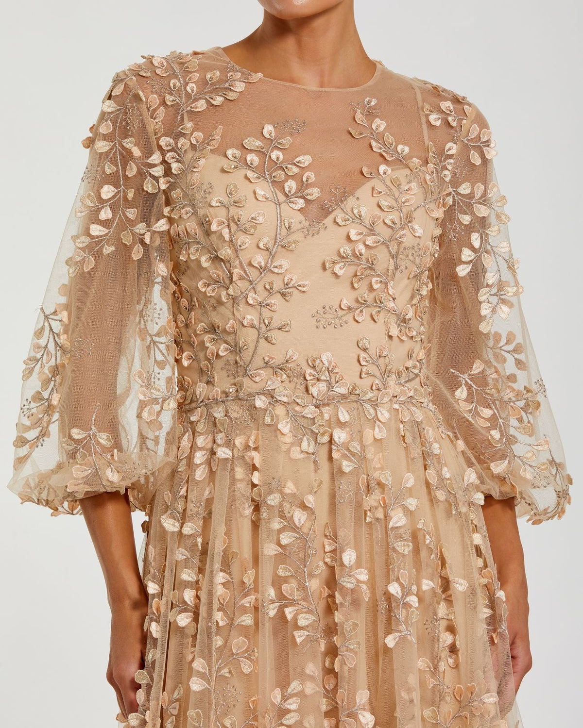 Mac Duggal Beige Embroidered Puff Sleeve A-Line Gown