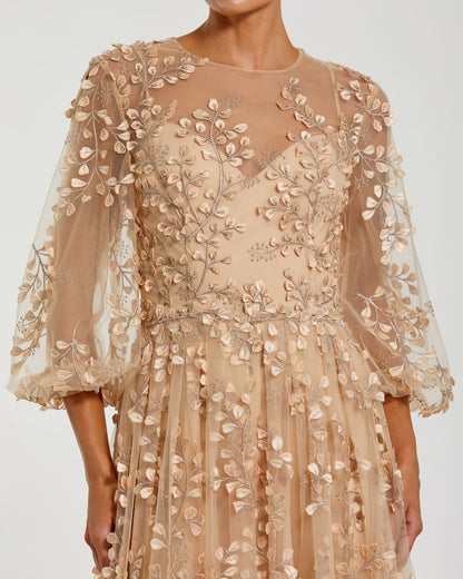 Mac Duggal Beige Embroidered Puff Sleeve A-Line Gown
