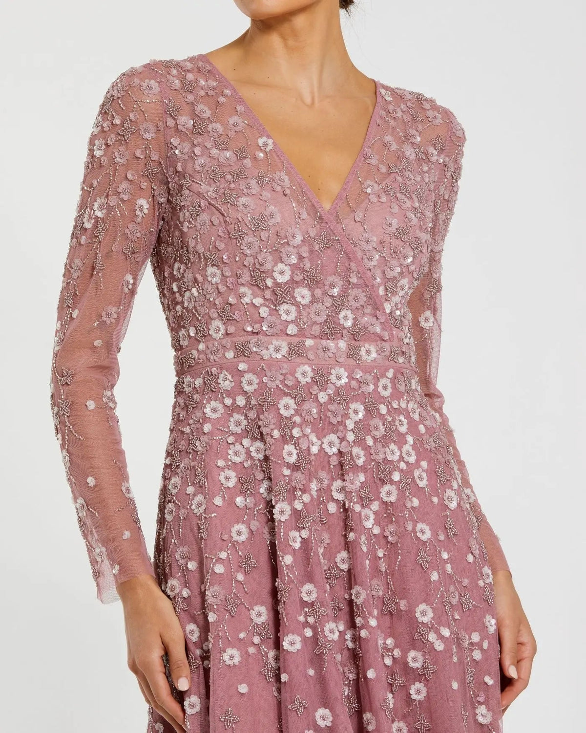 Mac Duggal Purple Embellished Wrap Over Illusion Long Sleeve A Line Gown