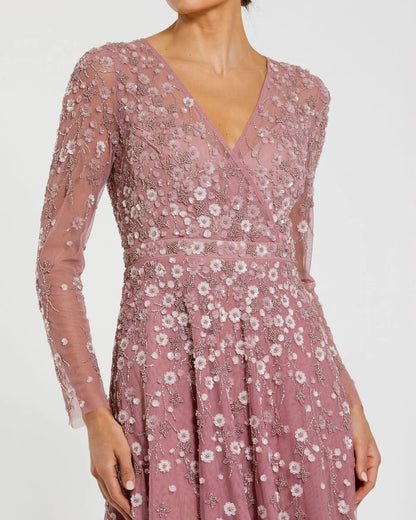 Mac Duggal Purple Embellished Wrap Over Illusion Long Sleeve A Line Gown