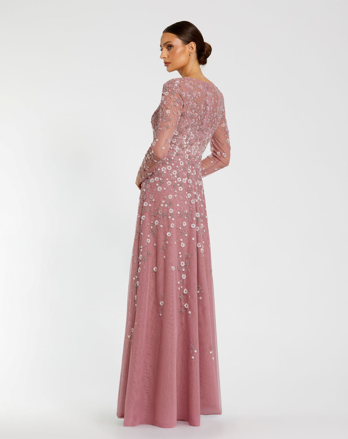Mac Duggal Purple Embellished Wrap Over Illusion Long Sleeve A Line Gown