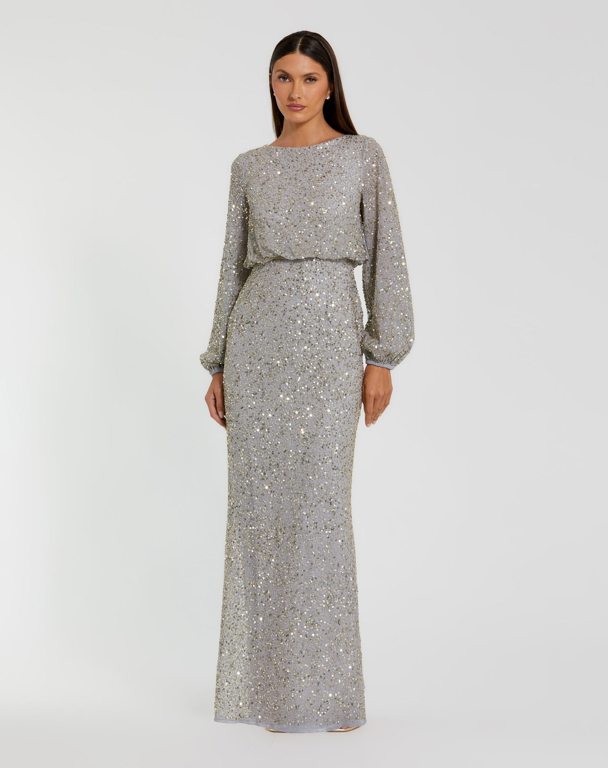 Mac Duggal Gray Sequin Blouson Long Sleeve Gown