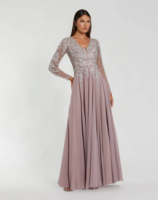 Mac Duggal Purple Embellished Illusion V Neck Long Sleeve Gown
