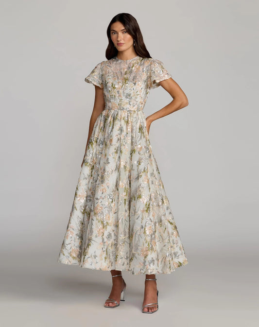 Mac Duggal Ivory Flutter Sleeve Sequin A-Line Midi Dress