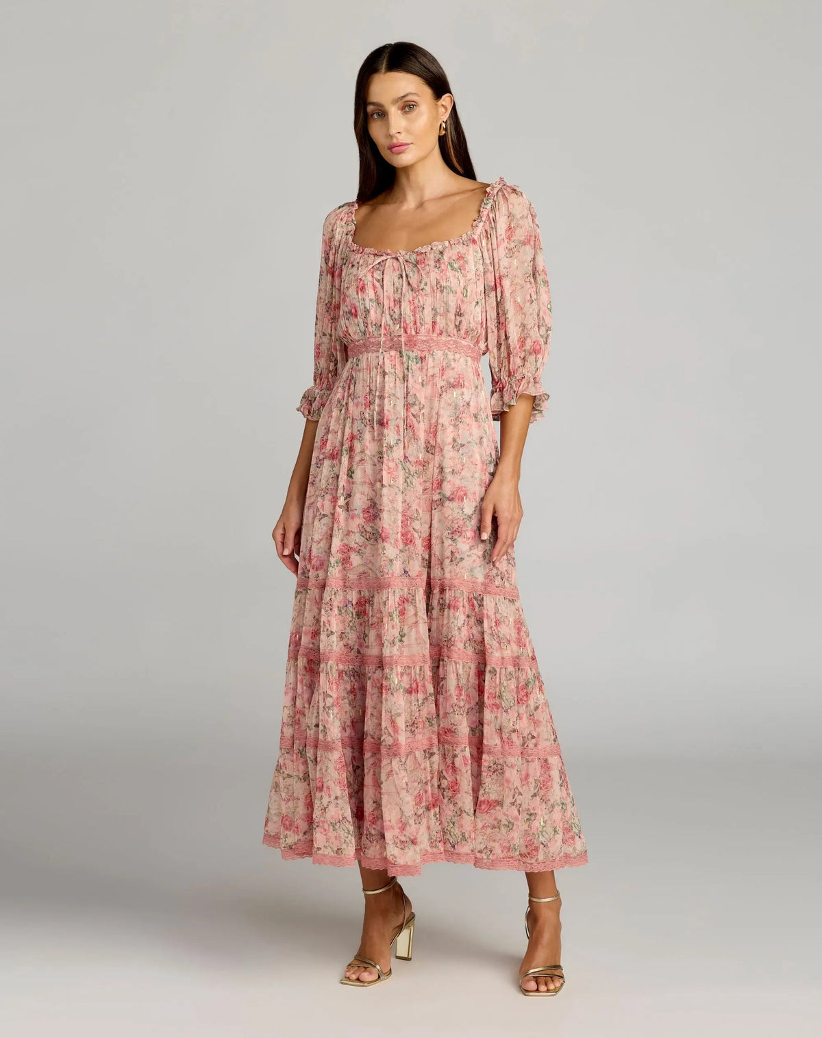 Mac Duggal Pink Floral Scoop Neck Midi Dress With 3/4 Sleeves