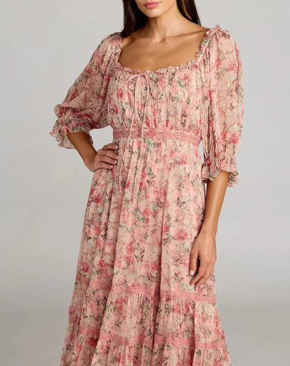 Mac Duggal Pink Floral Scoop Neck Midi Dress With 3/4 Sleeves
