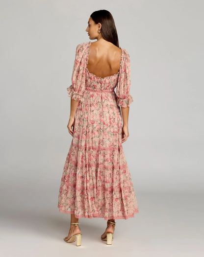Mac Duggal Pink Floral Scoop Neck Midi Dress With 3/4 Sleeves