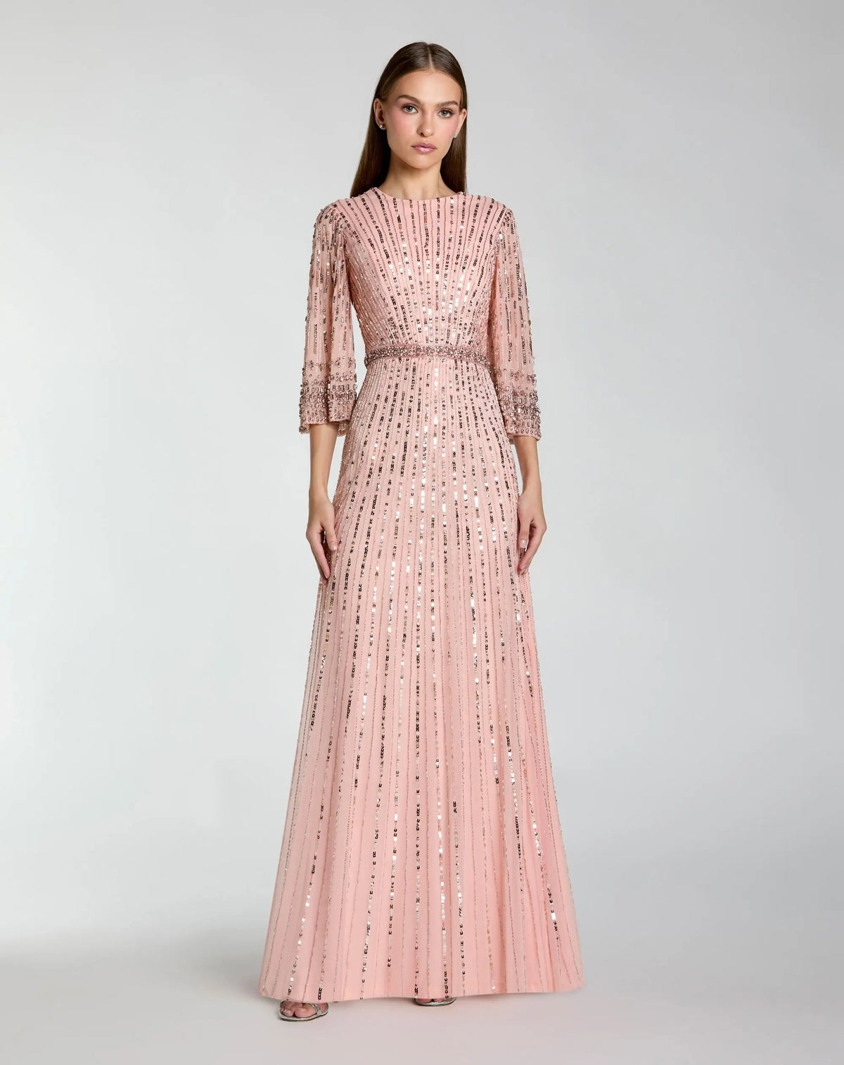 Mac Duggal Pink High Neck Embellished Gown With 3/4 Sleeves