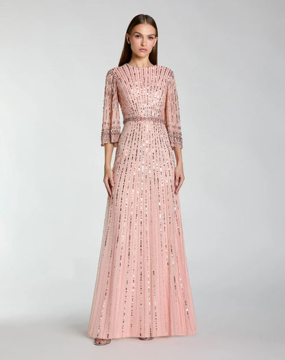 Mac Duggal Pink High Neck Embellished Gown With 3/4 Sleeves