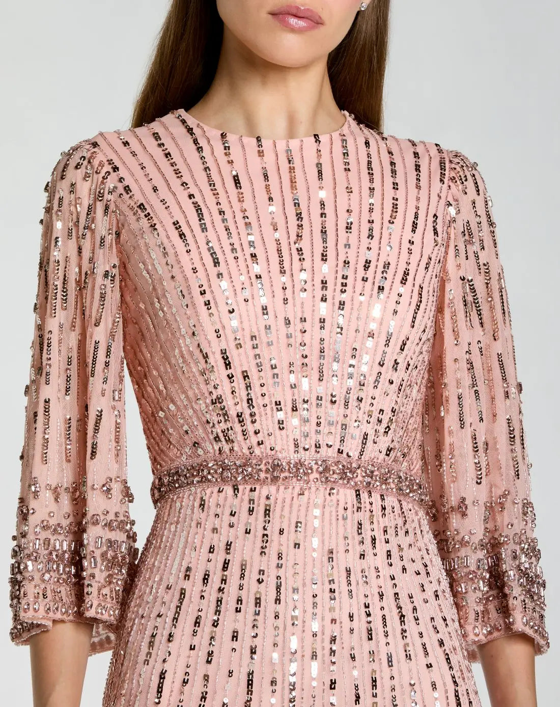 Mac Duggal Pink High Neck Embellished Gown With 3/4 Sleeves