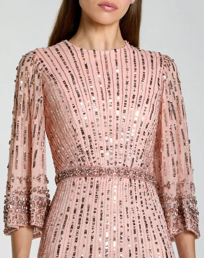 Mac Duggal Pink High Neck Embellished Gown With 3/4 Sleeves