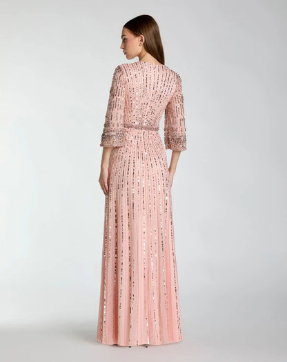 Mac Duggal Pink High Neck Embellished Gown With 3/4 Sleeves
