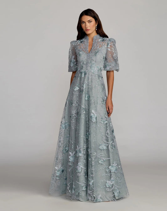 Mac Duggal Blue Queen Anne Puff Sleeve Embroidered A-Line Gown