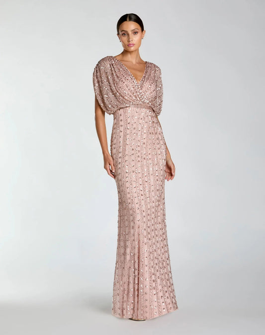 Mac Duggal Pink Embellished Blouson V Neck Column Gown