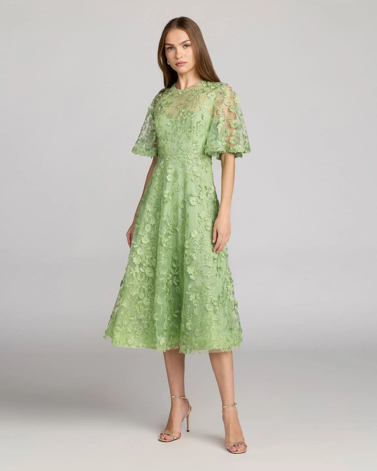 Mac Duggal Green Flutter Sleeve Embroidered Midi Dress