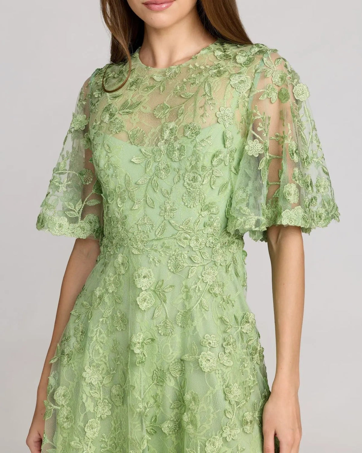 Mac Duggal Green Flutter Sleeve Embroidered Midi Dress
