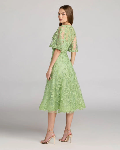 Mac Duggal Green Flutter Sleeve Embroidered Midi Dress