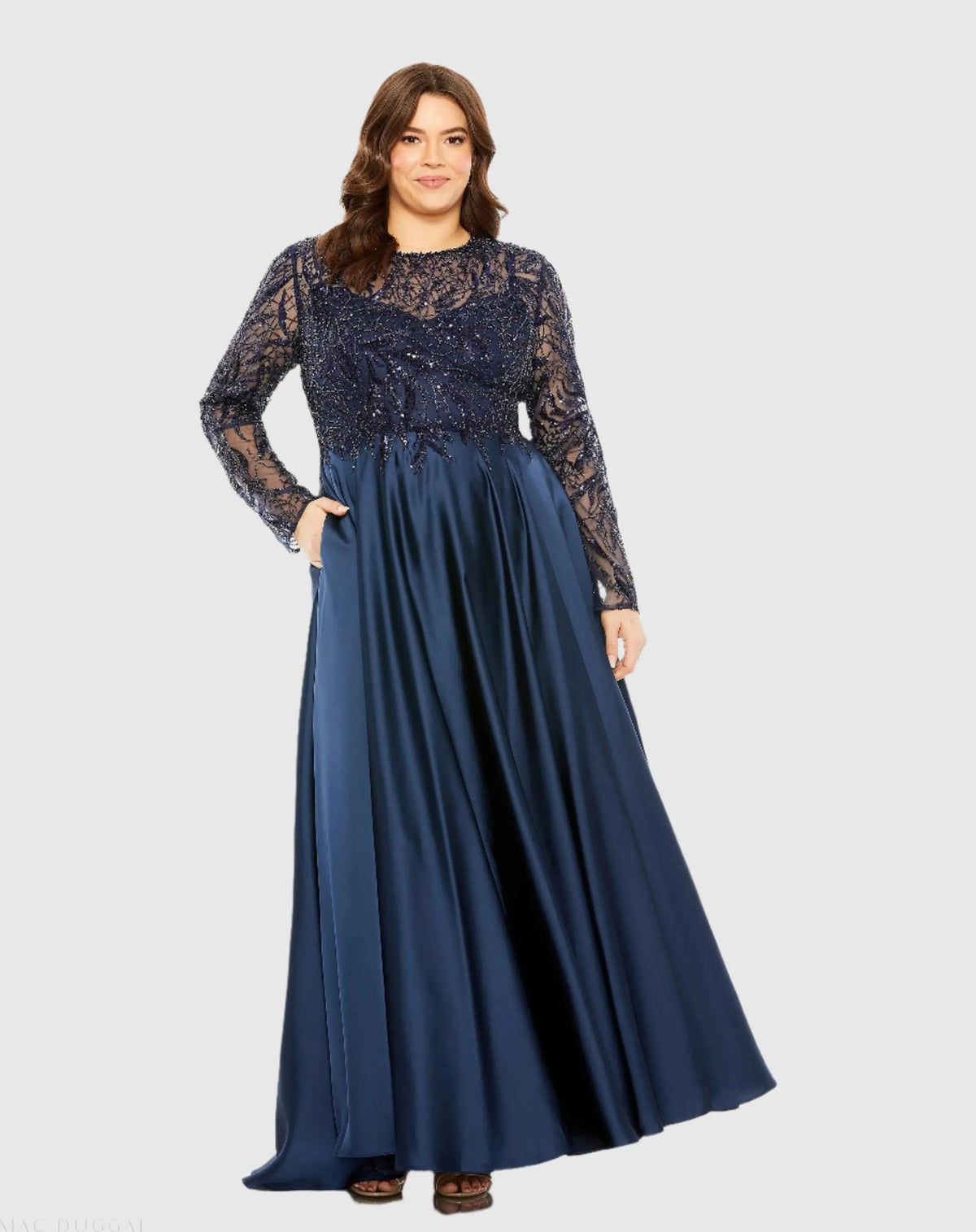 Mac Duggal Navy Sheer Long Sleeve Beaded Top Satin Gown (Plus)