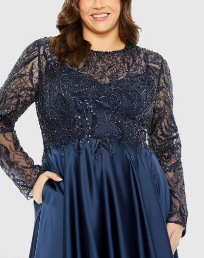 Mac Duggal Navy Sheer Long Sleeve Beaded Top Satin Gown (Plus)