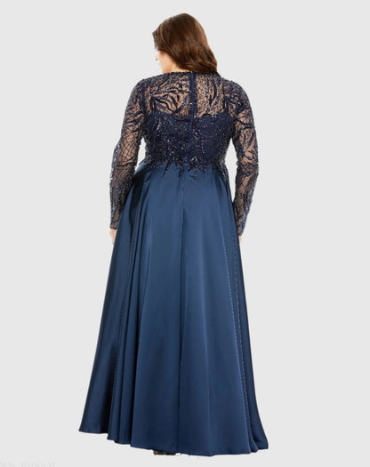 Mac Duggal Navy Sheer Long Sleeve Beaded Top Satin Gown (Plus)
