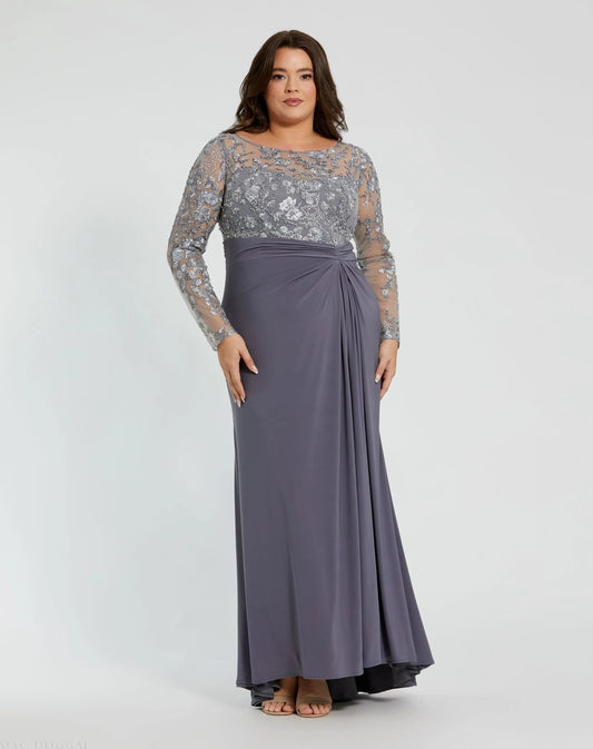 Mac Duggal Gray Embroidered Top Jersey Skirt Gown (Plus)