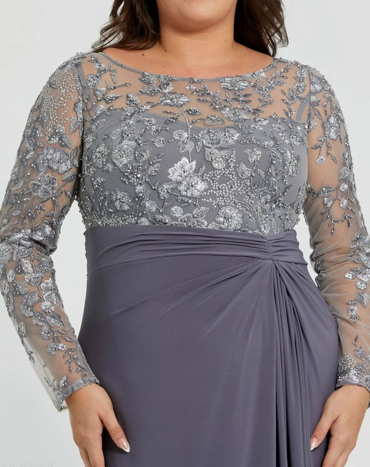 Mac Duggal Gray Embroidered Top Jersey Skirt Gown (Plus)