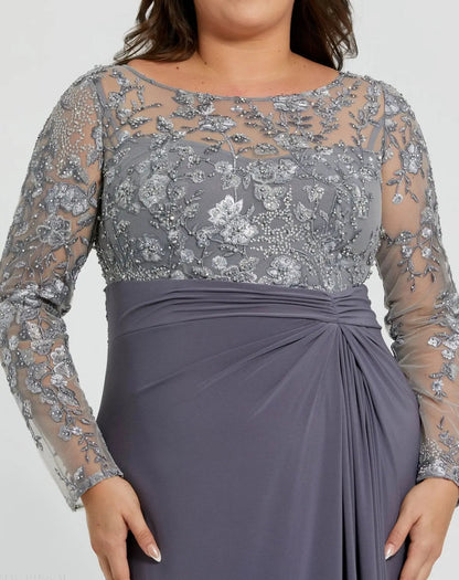 Mac Duggal Gray Embroidered Top Jersey Skirt Gown (Plus)