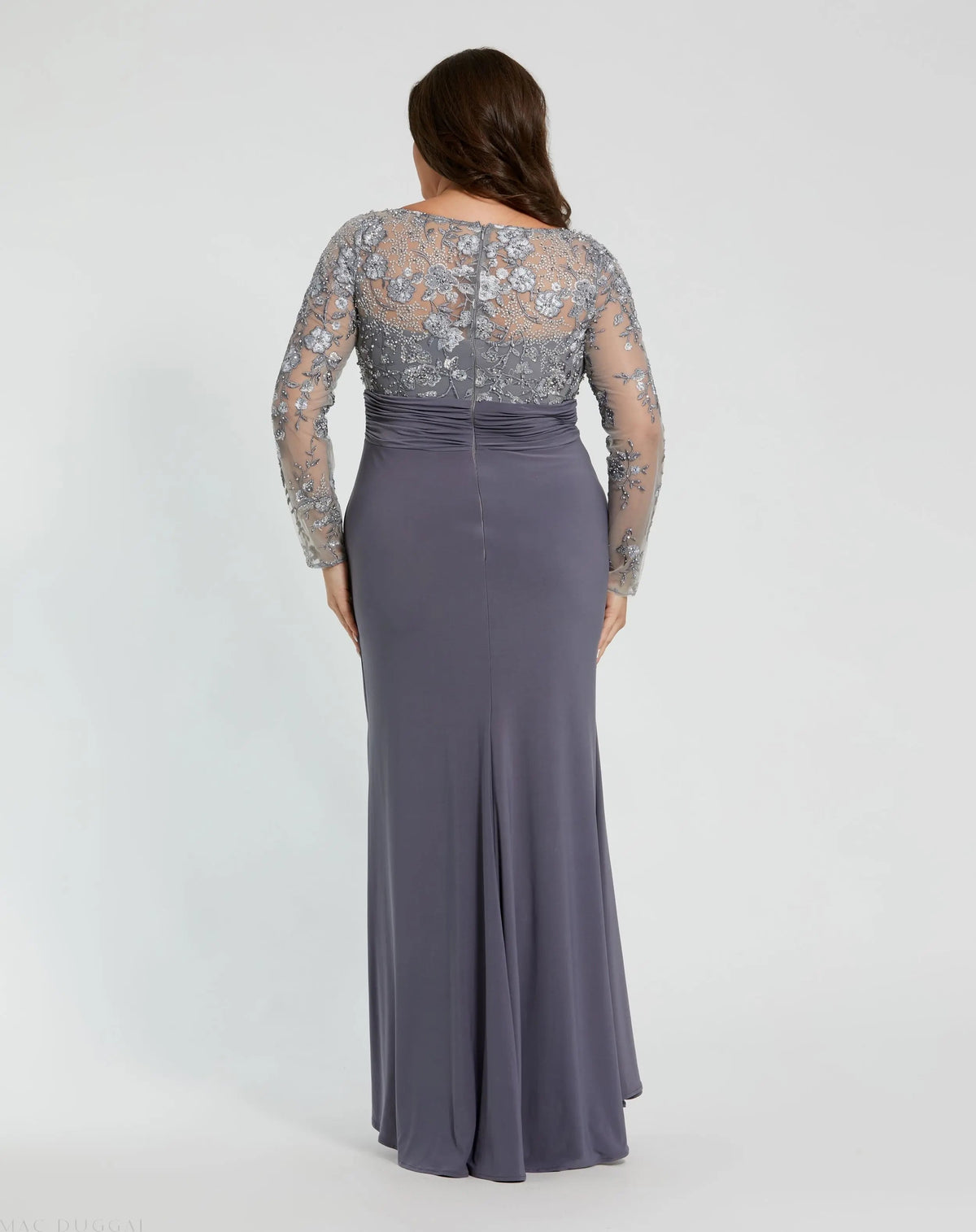 Mac Duggal Gray Embroidered Top Jersey Skirt Gown (Plus)