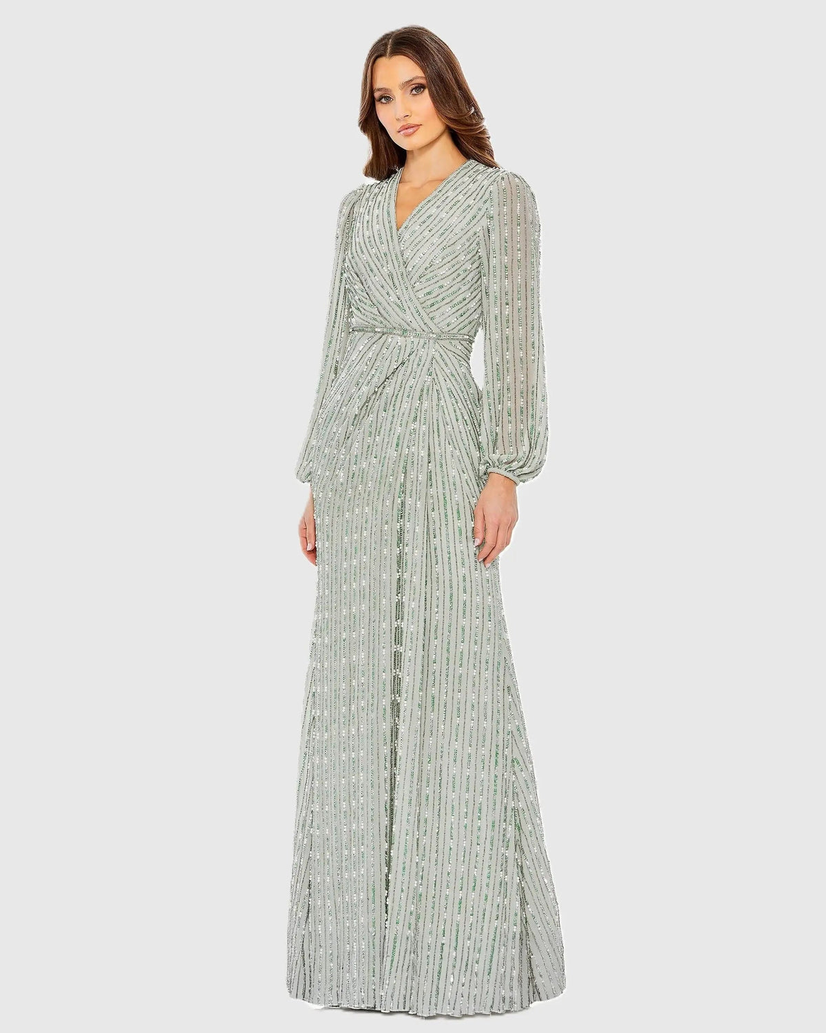 Mac Duggal Green Beaded Bishop Sleeve Wrap Gown