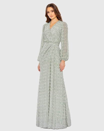 Mac Duggal Green Beaded Bishop Sleeve Wrap Gown