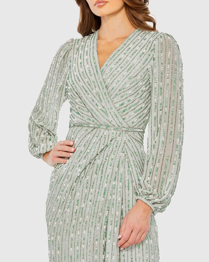 Mac Duggal Green Beaded Bishop Sleeve Wrap Gown
