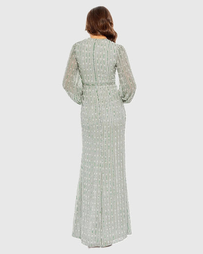 Mac Duggal Green Beaded Bishop Sleeve Wrap Gown