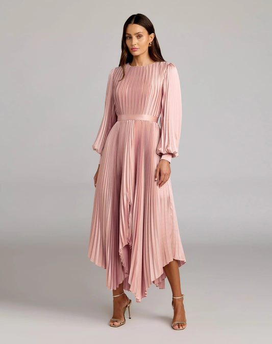 Mac Duggal Pink Long Sleeve Pleated Charmeuse Handkerchief Dress