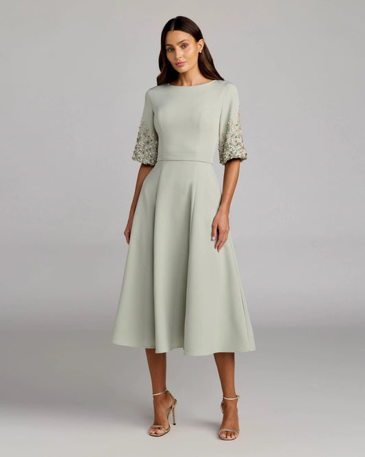 Mac Duggal Green Crepe A Line Midi Dress With Beaded Sleeves