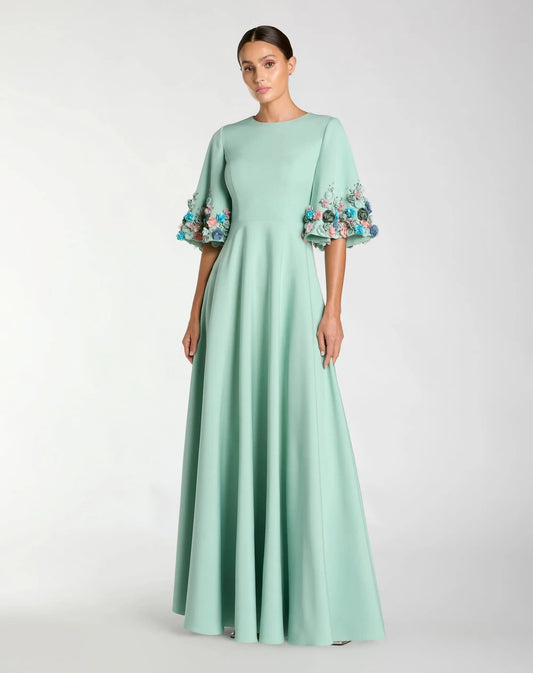 Mac Duggal Green Crepe 3/4 Sleeve A-line Gown With Flower Trim