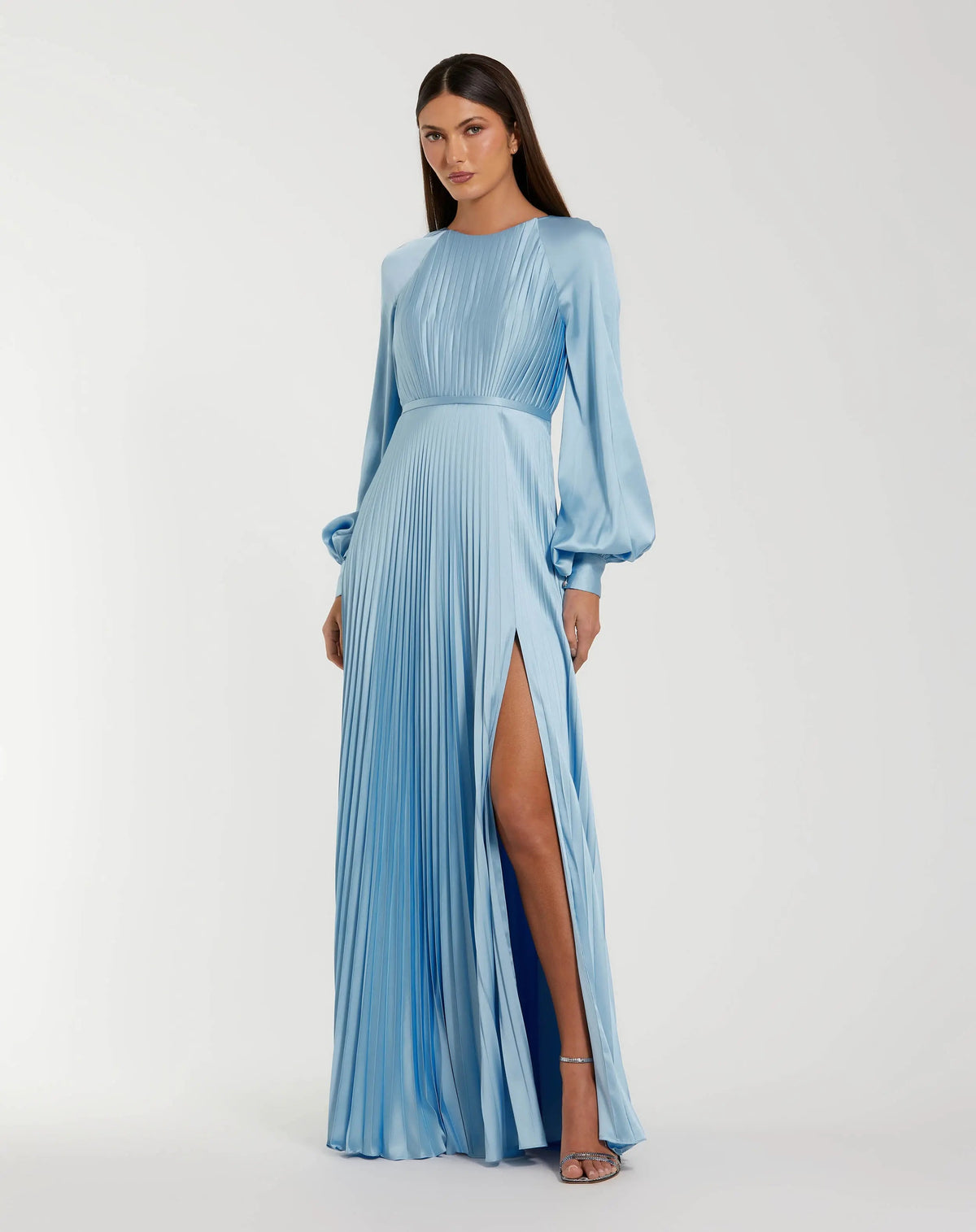 Mac Duggal Blue Pleated High Neck Raglan Long Sleeve Side Slit Gown