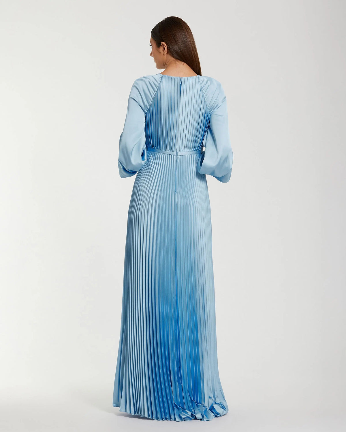 Mac Duggal Blue Pleated High Neck Raglan Long Sleeve Side Slit Gown