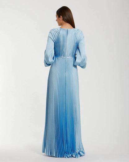 Mac Duggal Blue Pleated High Neck Raglan Long Sleeve Side Slit Gown