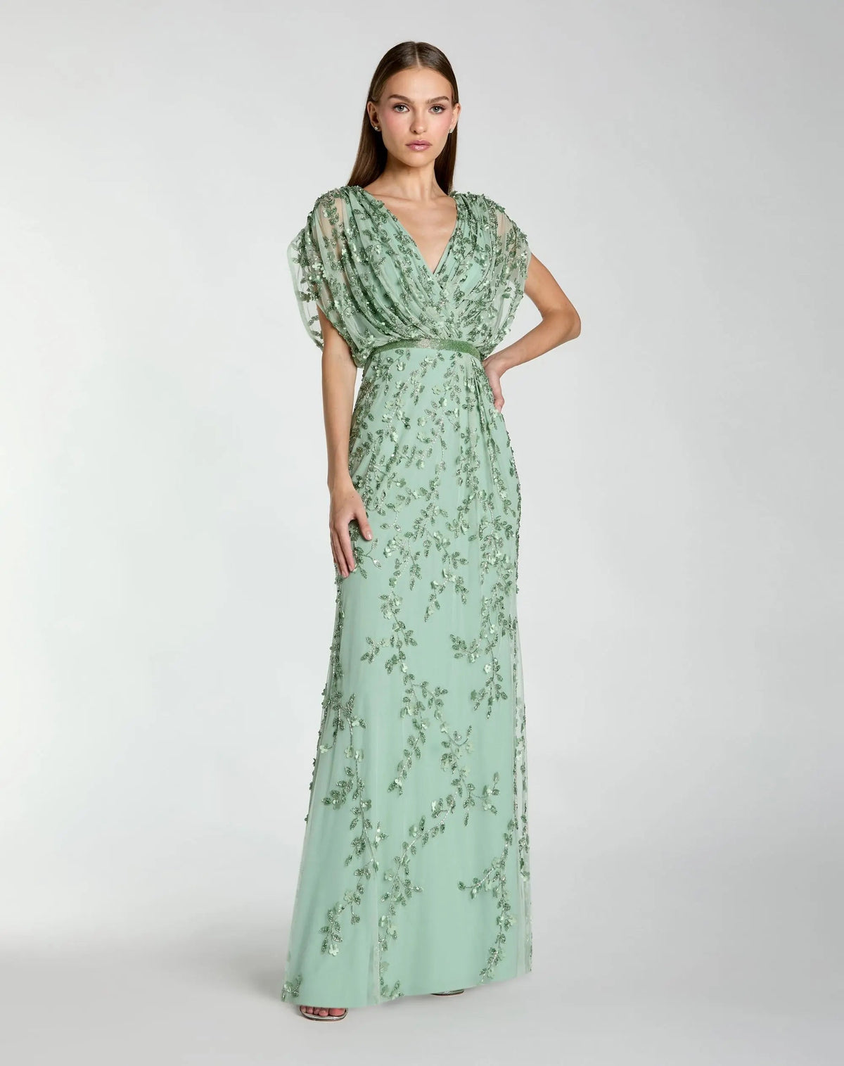 Mac Duggal Green Beaded V-Neck Short Sleeve Blouson Gown