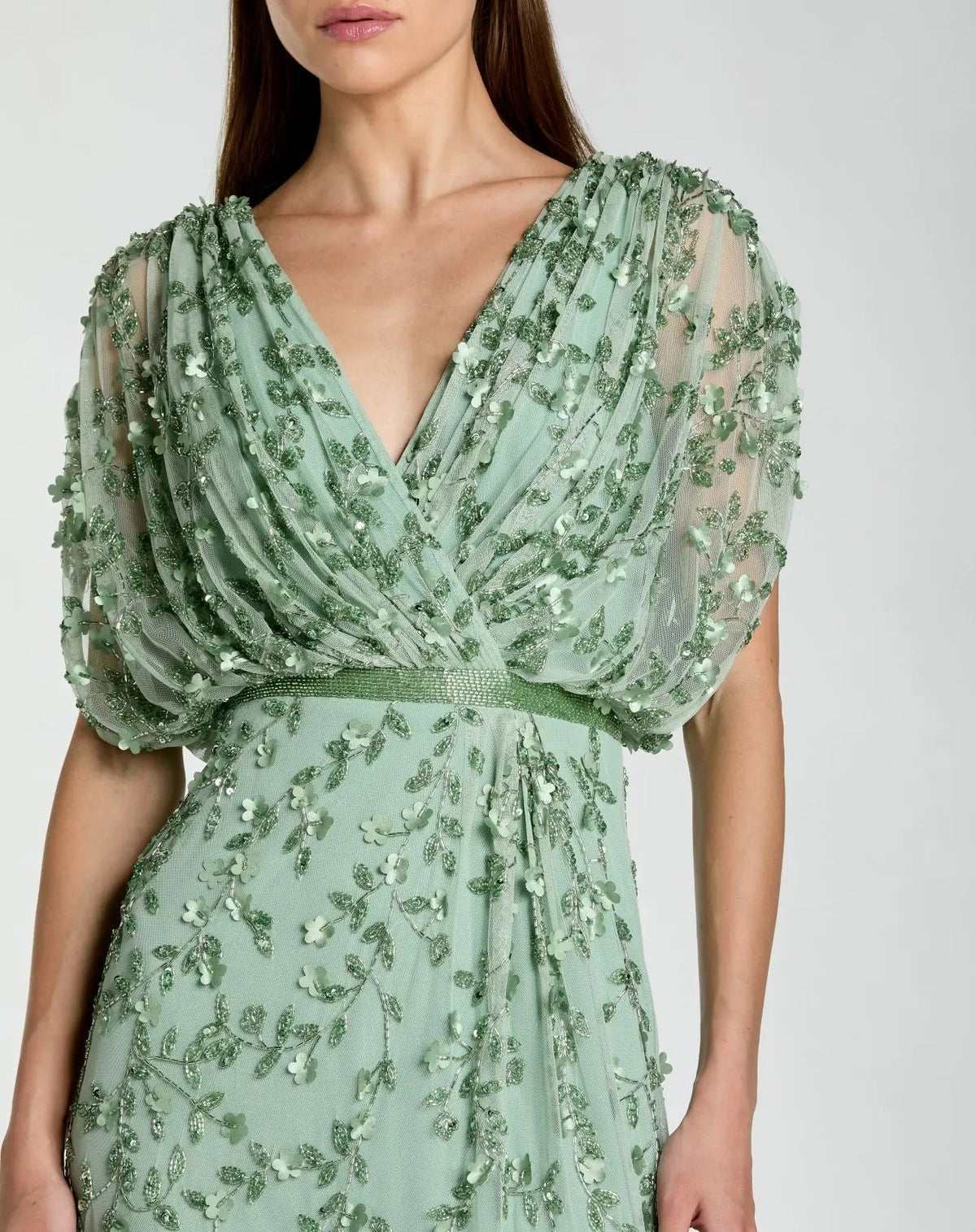 Mac Duggal Green Beaded V-Neck Short Sleeve Blouson Gown