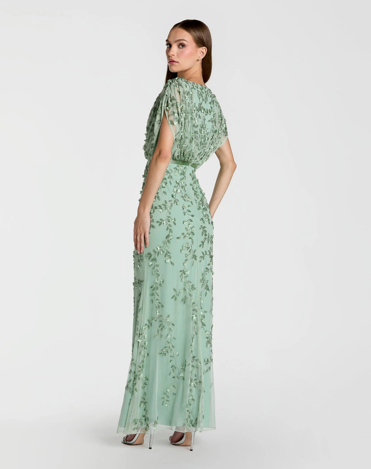 Mac Duggal Green Beaded V-Neck Short Sleeve Blouson Gown